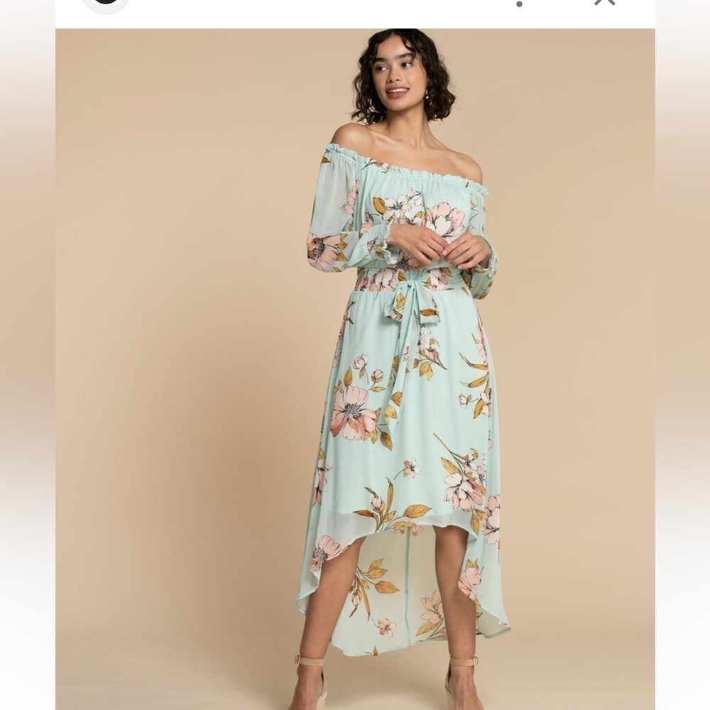 Luxology Mint Green Floral Off-Shoulder High-Low Dress